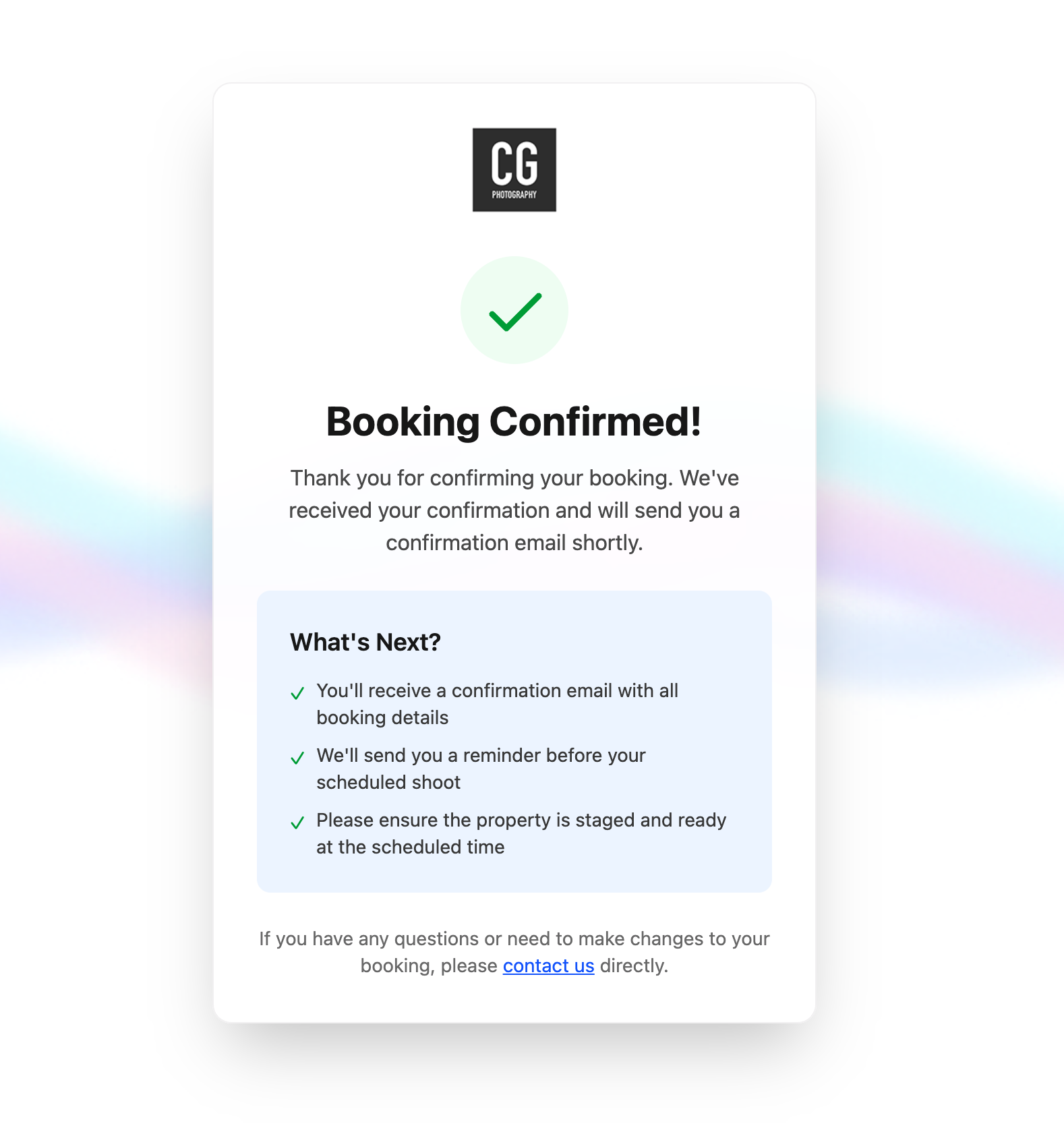 Branded booking confirmation page
